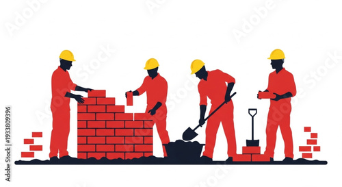 Construction workers building a brick wall together.
