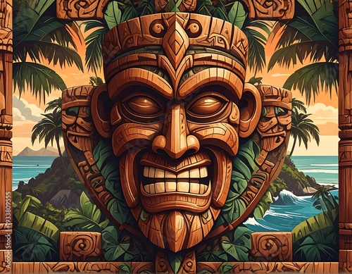 Wallpaper Mural A stylized wooden tiki carving with a smiling expression sits against a tropical beach scene framed by detailed wooden posts Torontodigital.ca