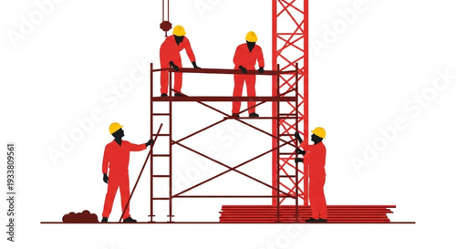 Construction workers building a tall structure with scaffolding and crane.