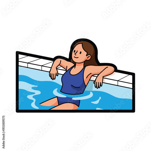 Woman relaxing in a swimming pool, leaning against the edge, cartoon illustration, serene environment, leisure activity, summer scene, recreation, fun, water, swimming, relaxation