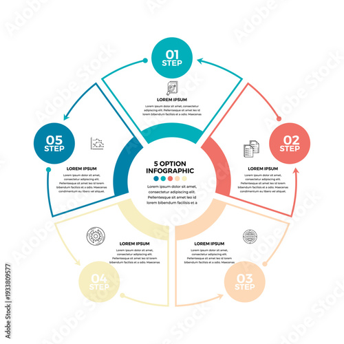 Circle chart infographic template with 5 options for presentations, advertising, layouts, annual reports. Vector editable 