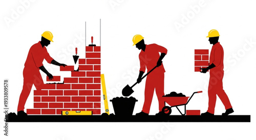 Construction Workers Building Brick Wall.