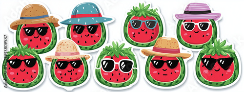 set of cute watermelons in sunglasses and summer accessories, vector illustration for icons or stickers on a white background