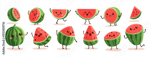 set of cute watermelons in sunglasses and summer accessories, vector illustration for icons or stickers on a white background