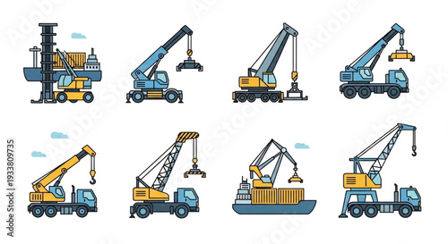 Collection of various construction and industrial cranes and heavy machinery.