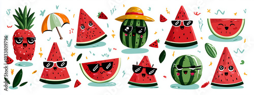 set of cute watermelons in sunglasses and summer accessories, vector illustration for icons or stickers on a white background
