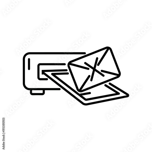 Rejected email on laptop, spam message icon, black line art