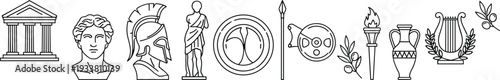 Ancient Greek Symbol Collection with Temple Spartan Helmet Statue Shield Spear Lyre and Classical Artifacts Vector Illustration Set
