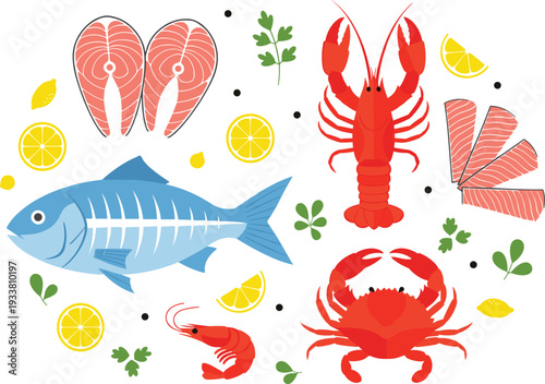 Seafood collection with fish lobster crab shrimp and lemon slices flat vector illustration set