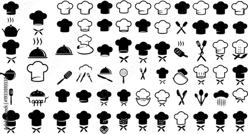 Kitchen Icons: Chef Hats, Utensils, and Culinary Elements - Set of Isolated Vector Illustrations