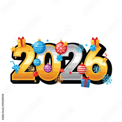 Celebratory 2026 New Year greeting card with gifts and ornaments surrounding the numbers in a festive illustration