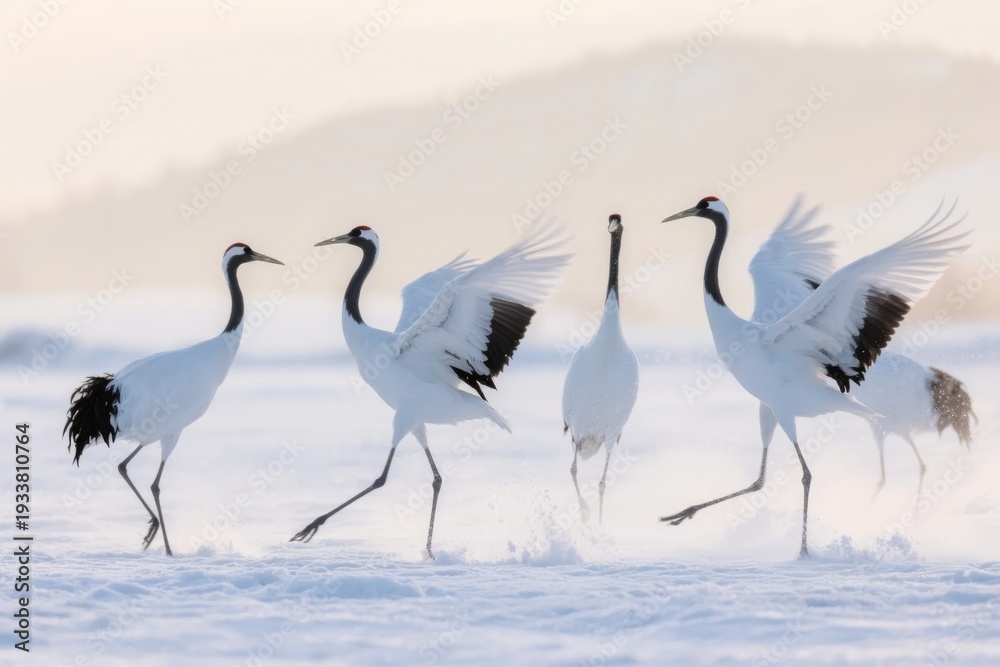 Obraz premium Group of white cranes walking across snowy terrain with wings partially raised