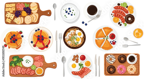 Breakfast and Brunch Food Collection with Pancakes, Donuts, Sausages, Eggs, Charcuterie Board and Coffee Top View Cartoon Vector Set