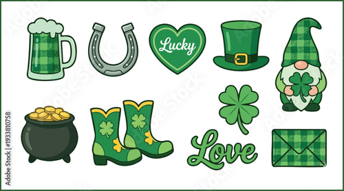 Collection of st patricks day icons and symbols beer mug, horseshoe, lucky heart, top hat, gnome, gold pot, boots, clover, love text, and envelope