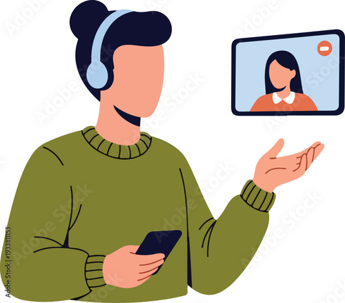 Person video chats with phone and wears headphones, suitable for technology, communication, remote work, virtual meetings, and modern lifestyle concepts.