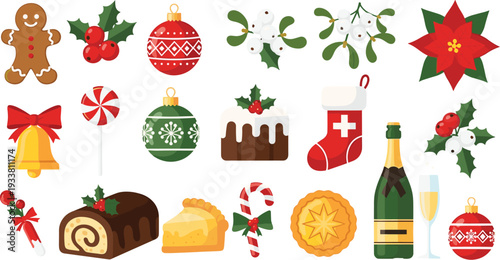Christmas Holiday Icon Set with Gingerbread Man, Ornaments, Holly, Mistletoe, Stocking, Champagne and Festive Winter Dessert Vector Illustration