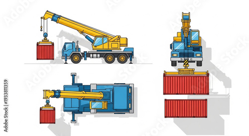 Construction Crane Lifting Shipping Container Various Angles.