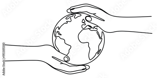 A continuous line drawing of two hands gently cradling the planet earth against a white background.