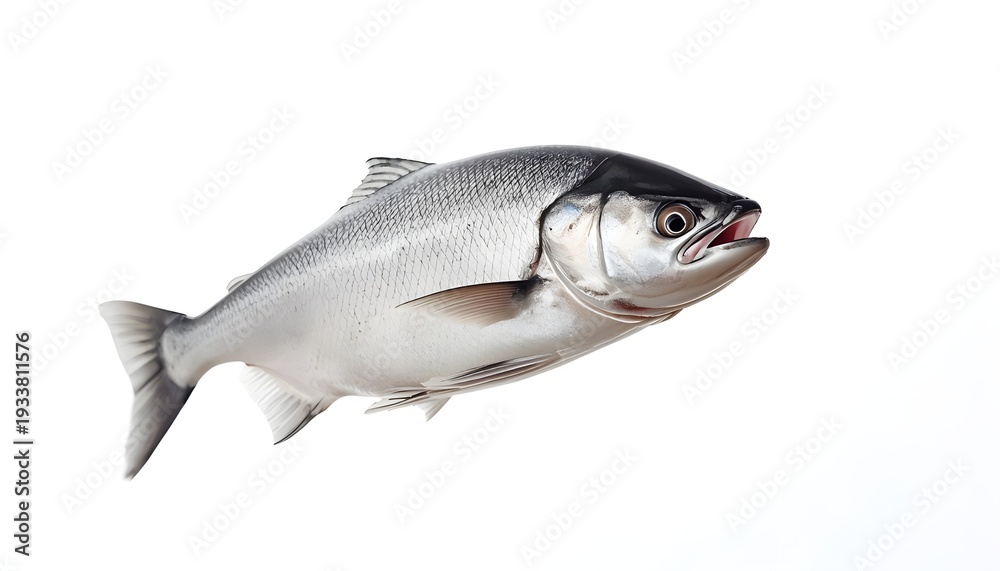 Fototapeta premium A large silver fish with an open mouth against a white background