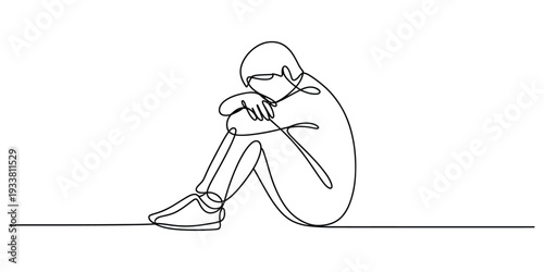 Single line drawing of a sad person sitting on the floor with head on knees for loneliness concept