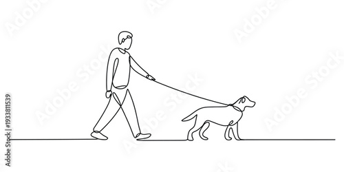 A continuous line drawing of a person walking their dog on a leash in a minimalist style.