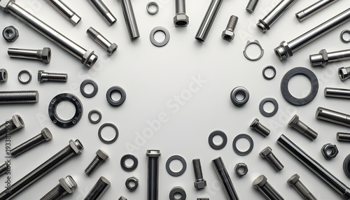 A collection of assorted metal bolts and nuts arranged in a circular pattern on a plain surface