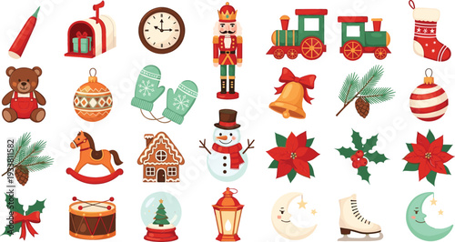 Christmas Holiday Icon Set with Nutcracker, Snowman, Train, Stocking, Gingerbread House, Poinsettia and Festive Winter Decorations