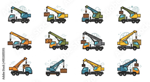Construction Cranes Lifting Cargo Industrial Equipment Set.