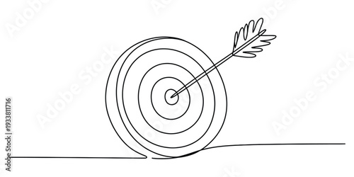 Continuous line drawing of an arrow hitting the center of a target bullseye on white.