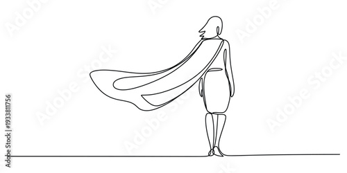Continuous line drawing of a woman standing from behind with a cape blowing in the wind.
