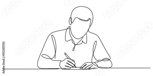Continuous line drawing of a man sitting at a desk and writing with a pen on paper.
