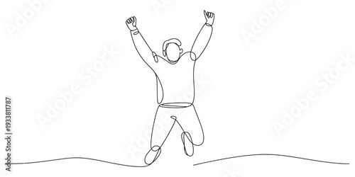 Minimalist continuous line drawing of a happy man jumping in the air with his arms raised