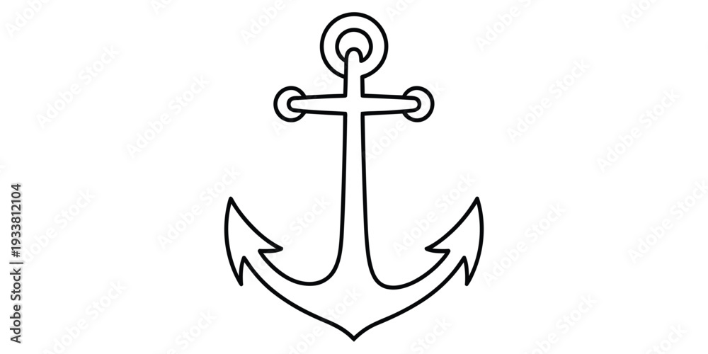 Naklejka premium Simple black and white line drawing of a traditional maritime ship anchor on a plain white background.