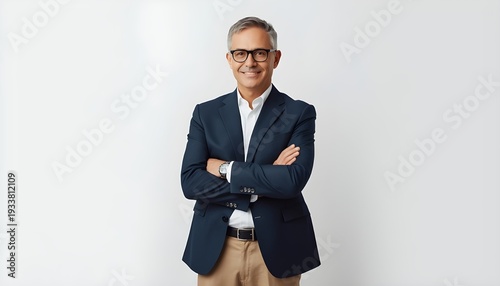 A confident middle-aged man in a navy blazer stands with his arms crossed against a plain white background