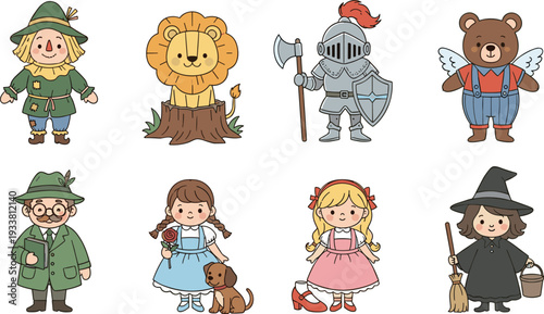 Cute Fairytale Character Collection with Scarecrow, Lion, Tin Knight, Winged Bear, Dorothy Girl, Witch and Storybook Cartoon Vector Set