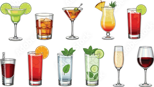 Cocktail and Beverage Collection with Margarita, Martini, Whiskey, Wine, Champagne and Fresh Fruit Drinks Cartoon Vector Illustration Set