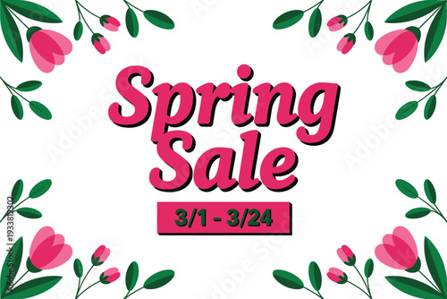 Spring sale advertisement with floral design and pink background