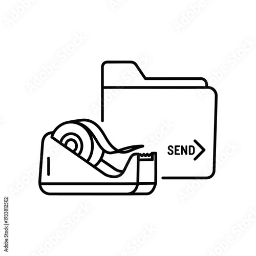File folder with tape dispenser sending documents, office supplies, SEND