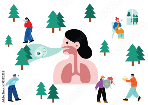 花粉症に悩む人たちのイラストセット