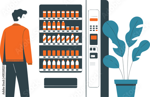 Man Buying Drinks from Vending Machine with Indoor Plant in Modern Flat Vector Illustration