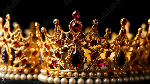 Glimmering golden crowns sparkle like royal heirlooms against a stark black backdrop adorned with rubies and pearls