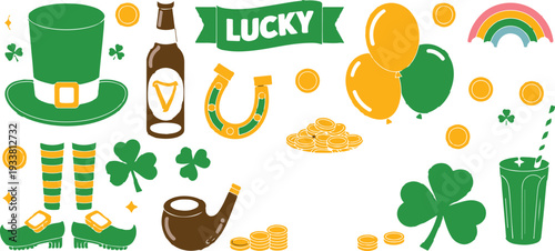 Saint Patricks Day Line Art Illustration Set with Leprechaun Hat Beer Mug Clover Rainbow and Lucky Irish Symbols