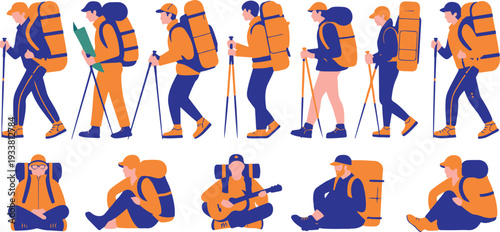 Hiking and Backpacking Adventure Line Art Illustration Set with Trekker Camping Guitar and Outdoor Travel Elements