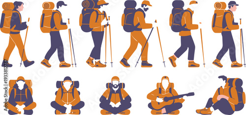 Hiking and Backpacking Adventure Line Art Illustration Set with Trekker Camping Guitar and Outdoor Travel Elements