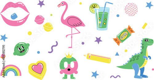 Cute Pop Art Summer Doodle Set with Flamingo, Dinosaur, Candy, Rainbow, Lemon Drink and Fun Cartoon Vector Elements