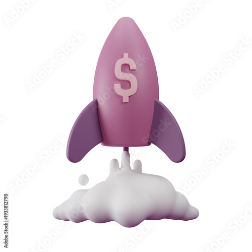 Vibrant 3D rendered pink rocket with a dollar sign launching upwards, symbolizing financial growth, startup success, and business acceleration on a clean white background.