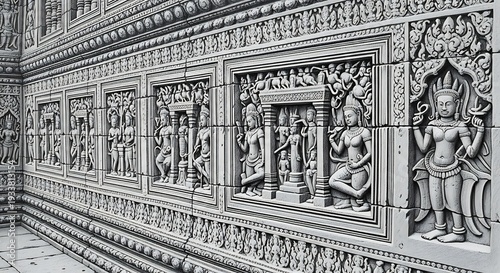 Detailed black and white sketch of an ancient Southeast Asian temple with intricate carvings, a prominent mythical face above the entrance, and lush jungle foliage.