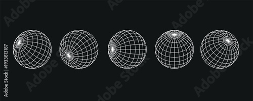 Set of white wireframe Globe spheres in multiple views and rotations isolated on black background. Minimal 3D grid mesh geometry collection for technology, geodesy, UI, infographics and design element