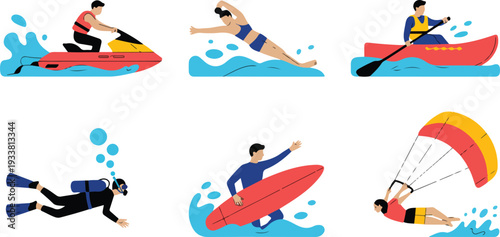 Water Sports Activities Line Art Vector Illustration Set with Jet Ski Swimming Canoeing Surfing Diving and Parasailing