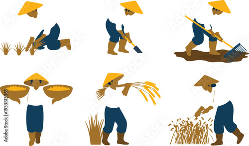 Rice Farming and Harvesting Line Art Vector Illustration Set with Farmer Planting Seedlings Cultivating and Gathering Crops